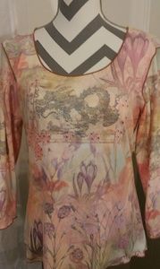 One World 3/4 Sleeve T-shirt Peach and Tan Large